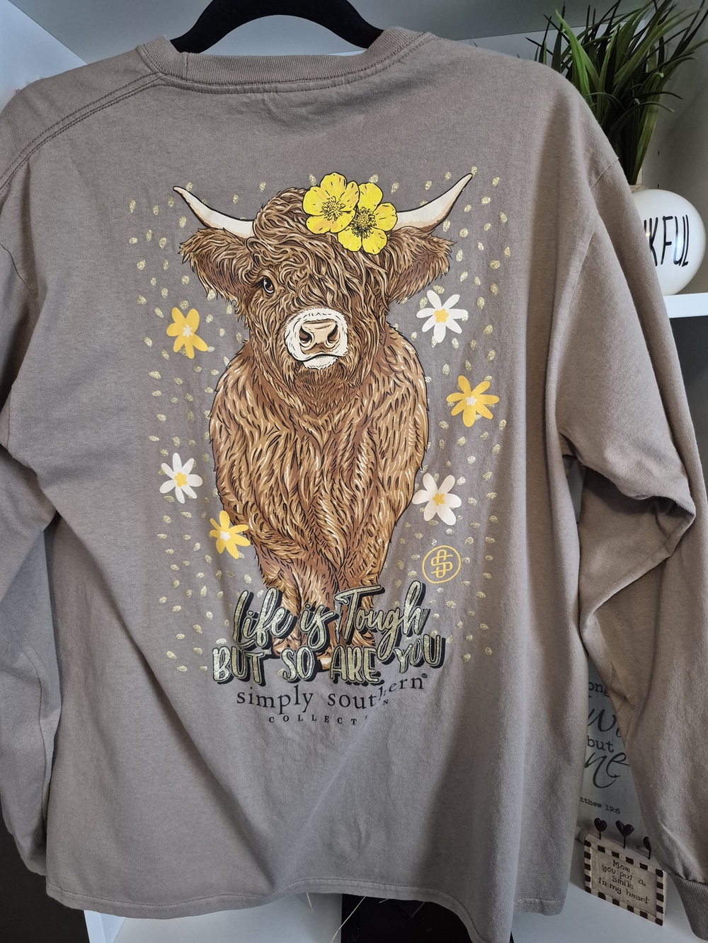 Simply Southern Ladies Taupe Long-Sleeve Graphic Tee - Yellow Floral Cow